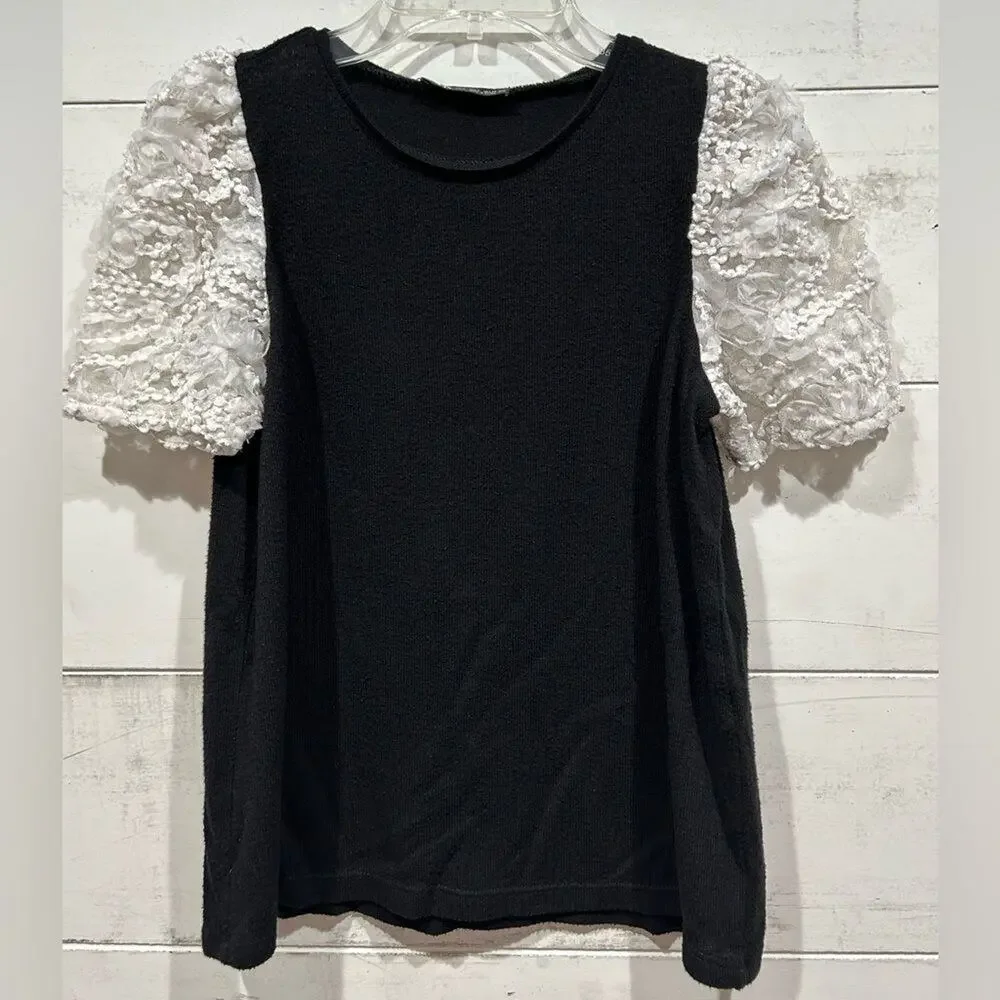 Zara Lace Organza Cap Sleeve Black & White Shirt - S